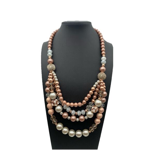 Multi Layered Faux Pearl Faceted Beads & Rose Gold & Rhinestone Necklace - Picture 1 of 6